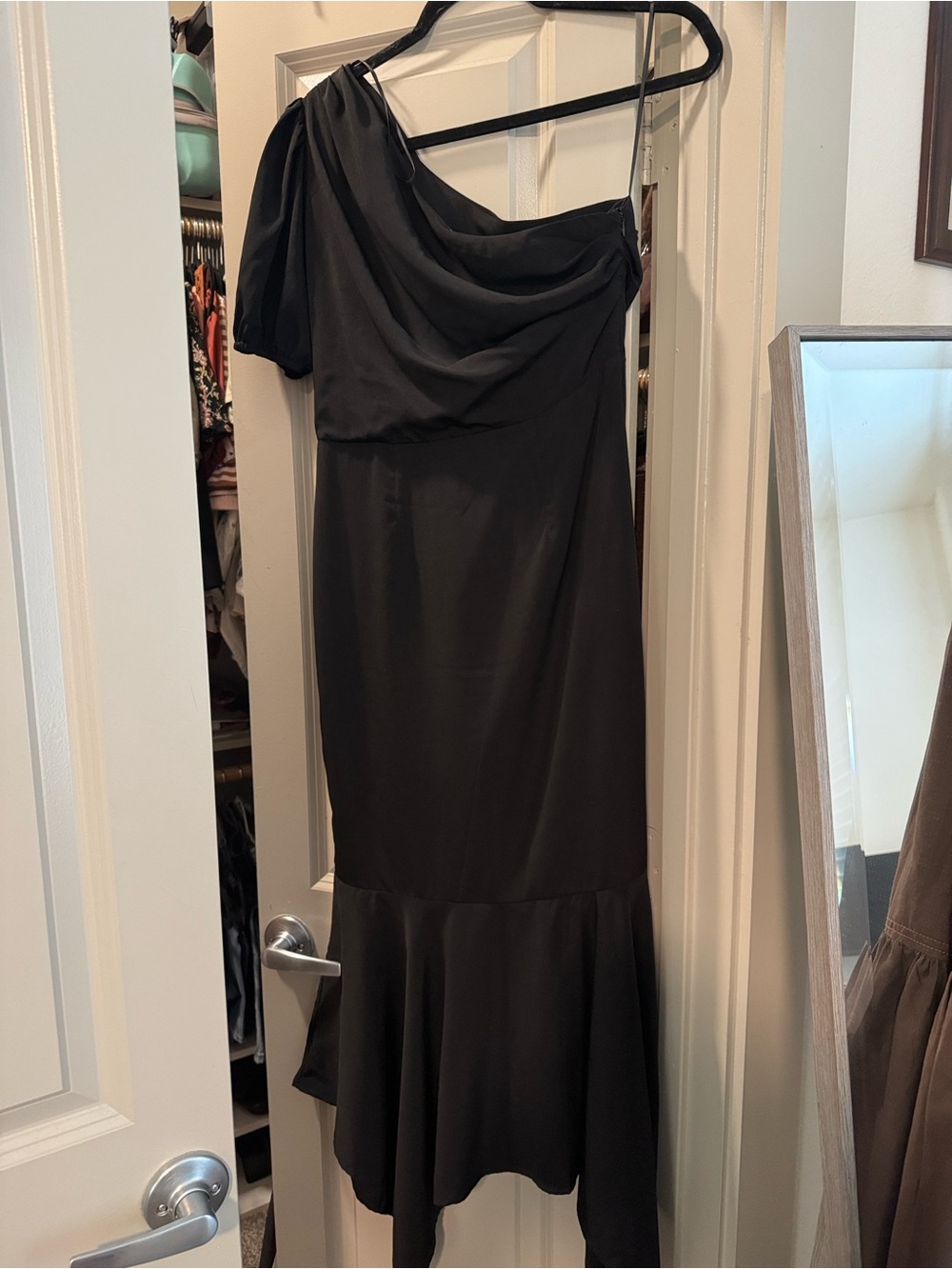 Lena Black One-Shoulder Midi Dress with Flounced Hem